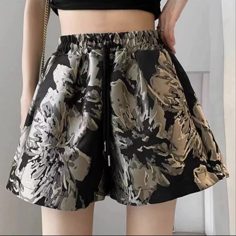 大码短裤高腰休闲夏季宽松迷彩印花显瘦运动时尚阔腿