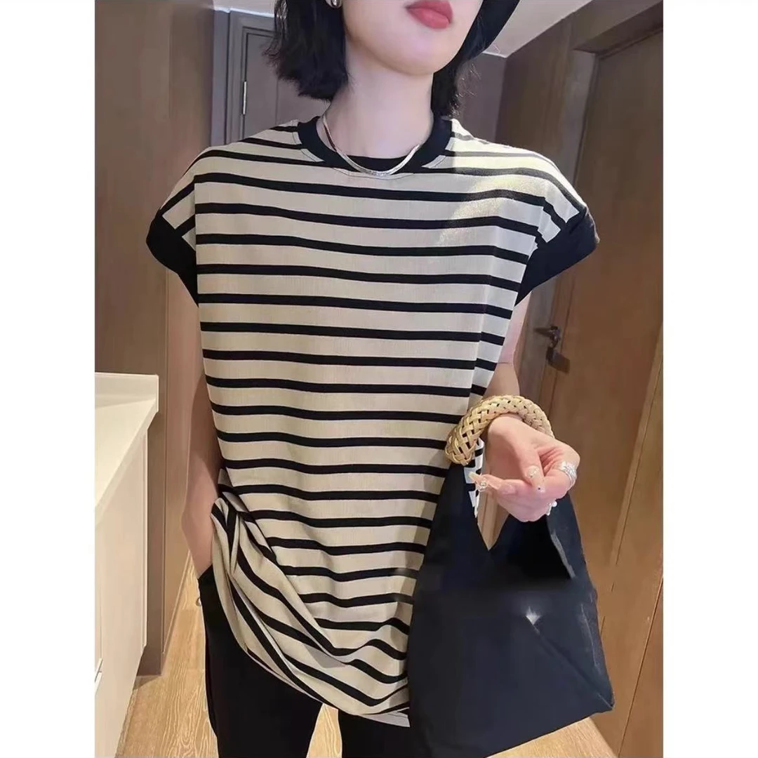 黑色条纹无袖t恤宽松大版