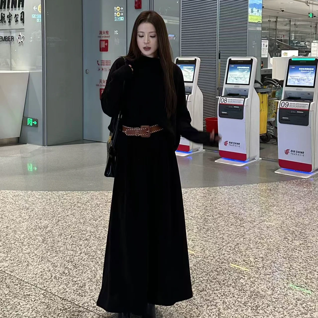 【雯雯】春季款气质显瘦高领套装长袖时尚打底秋季黑色复古-24091