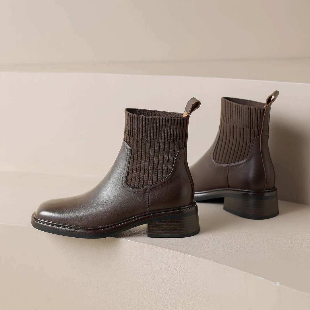 头层牛皮跟高3cm筒高13cm粗跟时尚短靴346-1