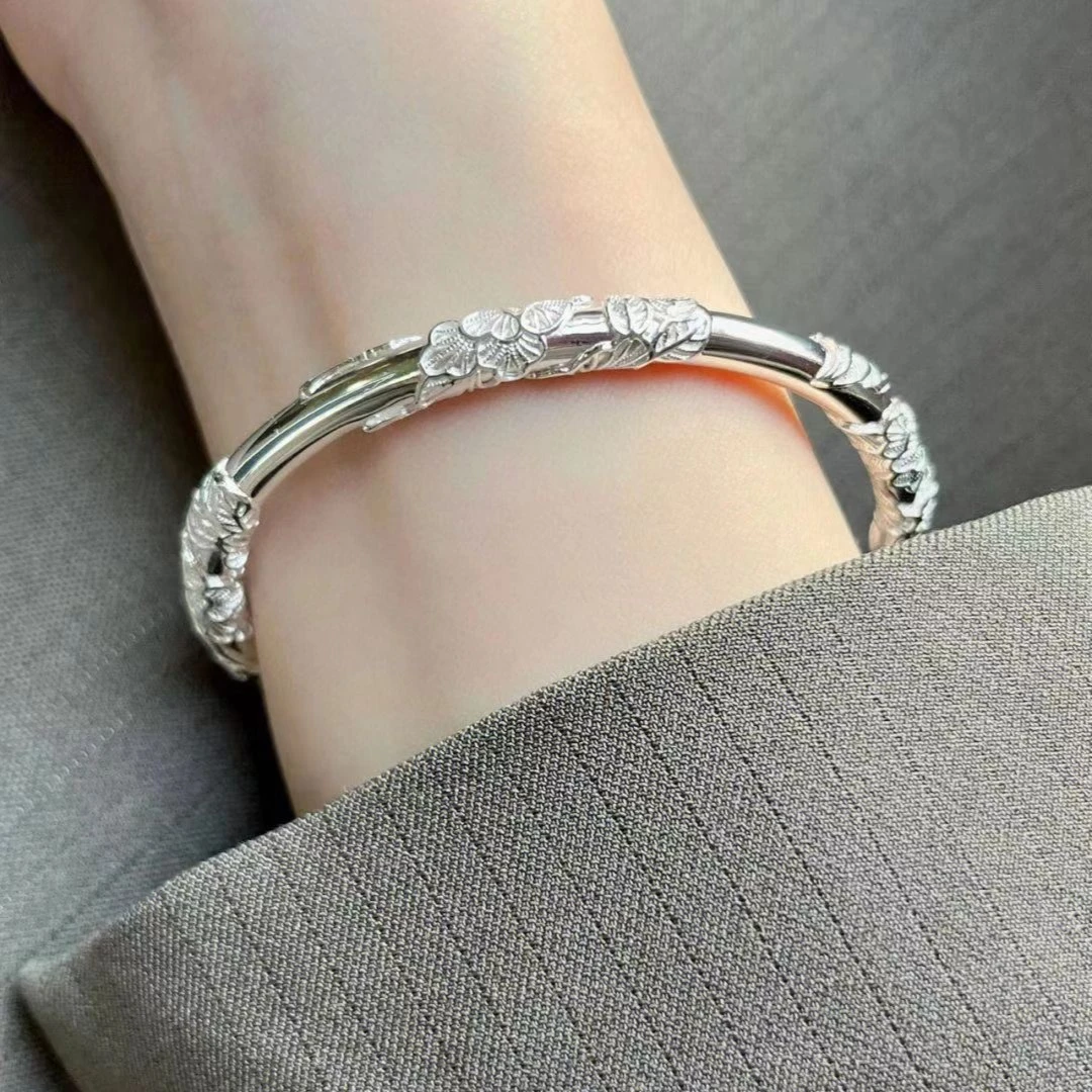 足银手镯 足银999繁花手镯女可调节年轻款送女友送老婆情人节礼物