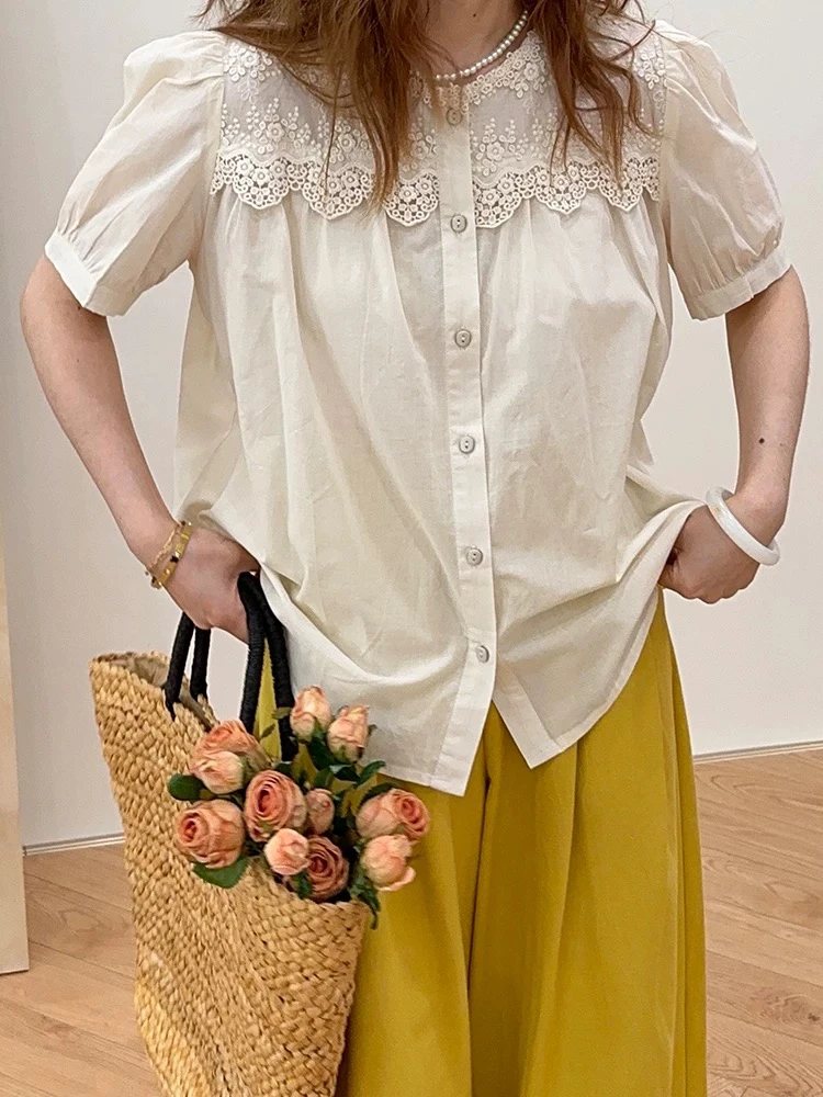 82305#蕾丝花边拼接衬衫韩版宽松减龄单排扣衬衣