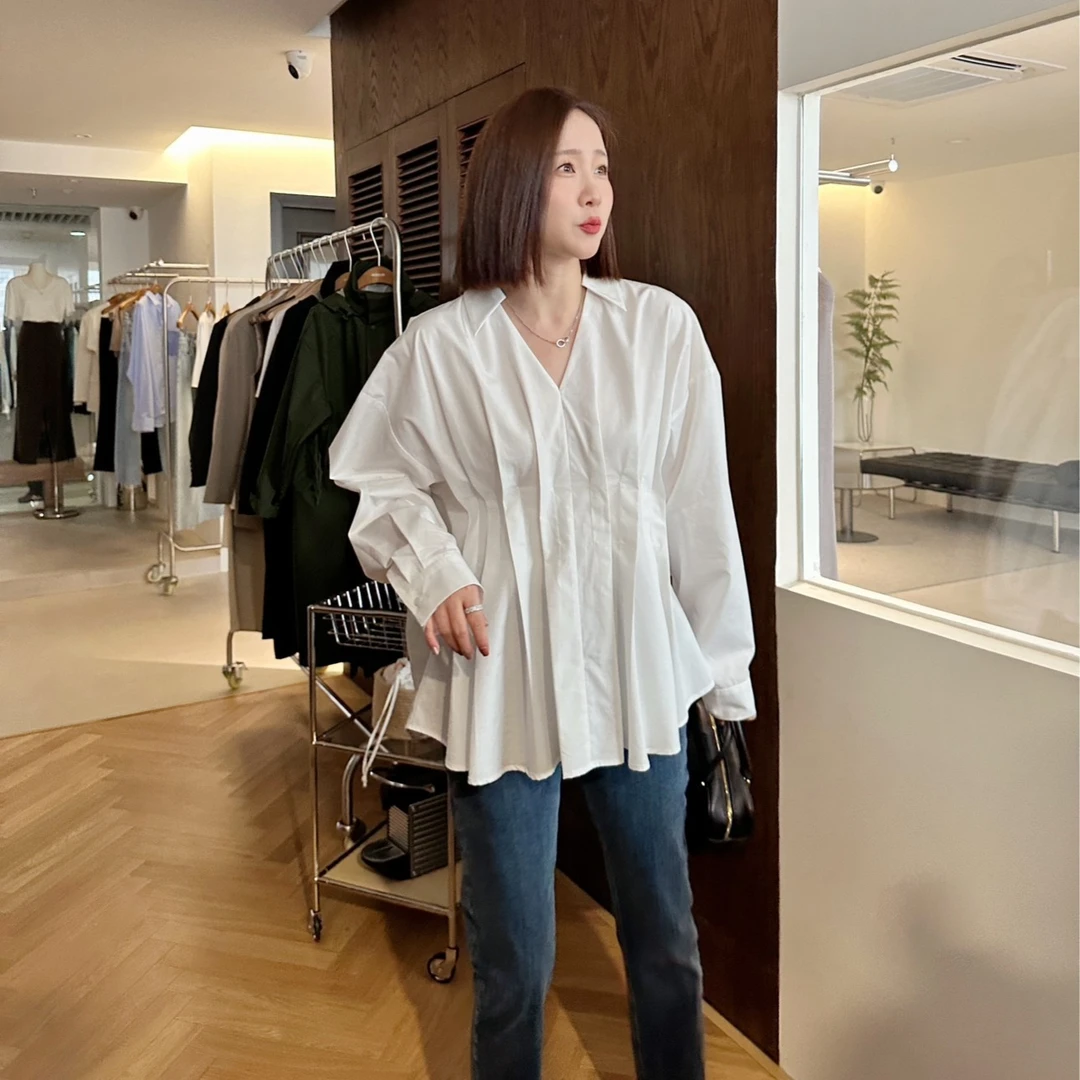 widelia秋季韩版小众V领白色衬衫女收腰显瘦百搭气质长袖上衣9136