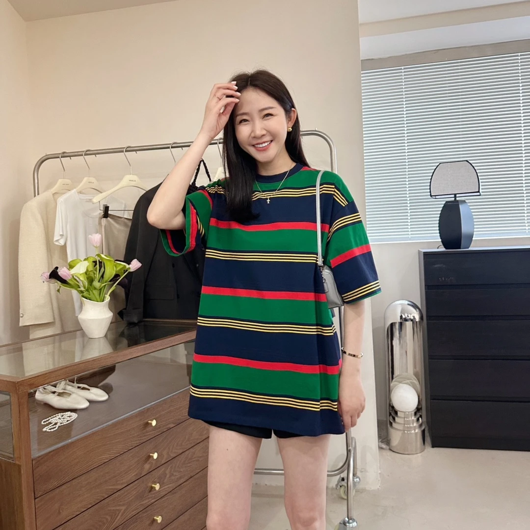 夏季韩版中长款宽松大版显瘦条纹撞色时尚休闲短袖T恤上衣女7166