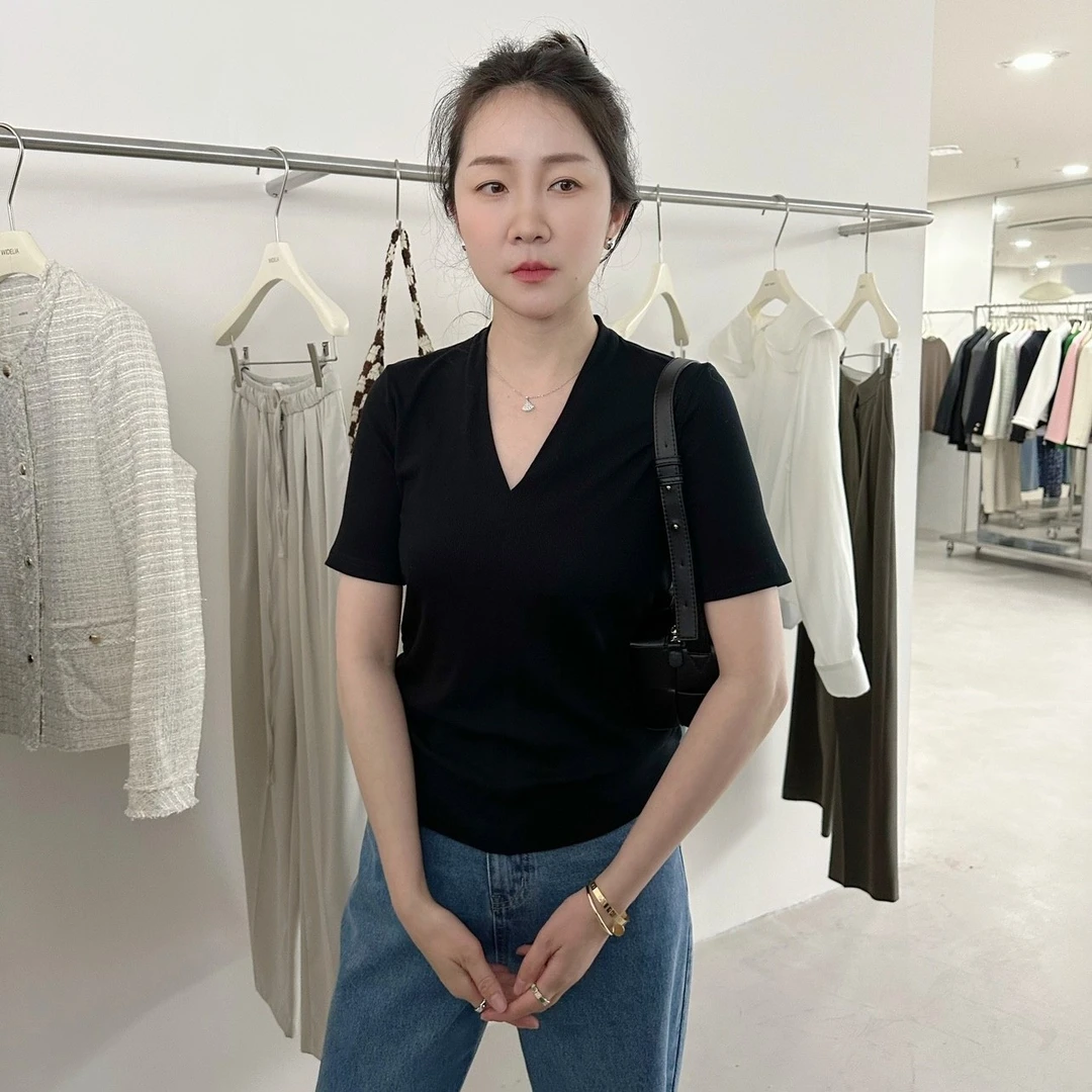 韩版夏季新款纯色修身显瘦V领短袖T恤气质百搭打底上衣女918623