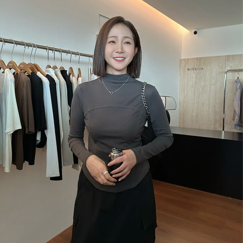 widelia韩版秋冬新款纯色小立领弧形线条打底衫修身显瘦上衣9071