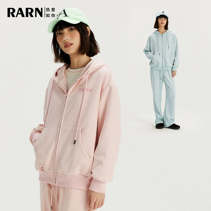 RARN/热爱如你 仿麂皮绒刺绣连帽休闲户外情侣春季宽松长袖套装