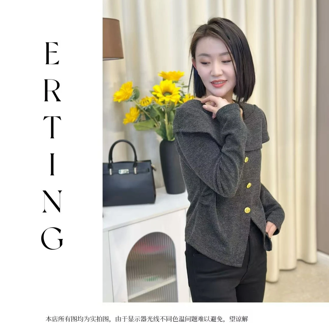 【现货】金扣荷叶边长袖绒衫7564