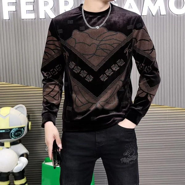 欧货潮牌圆领短毛绒打底衫男士冬季男士卫衣加绒加厚男加绒卫衣