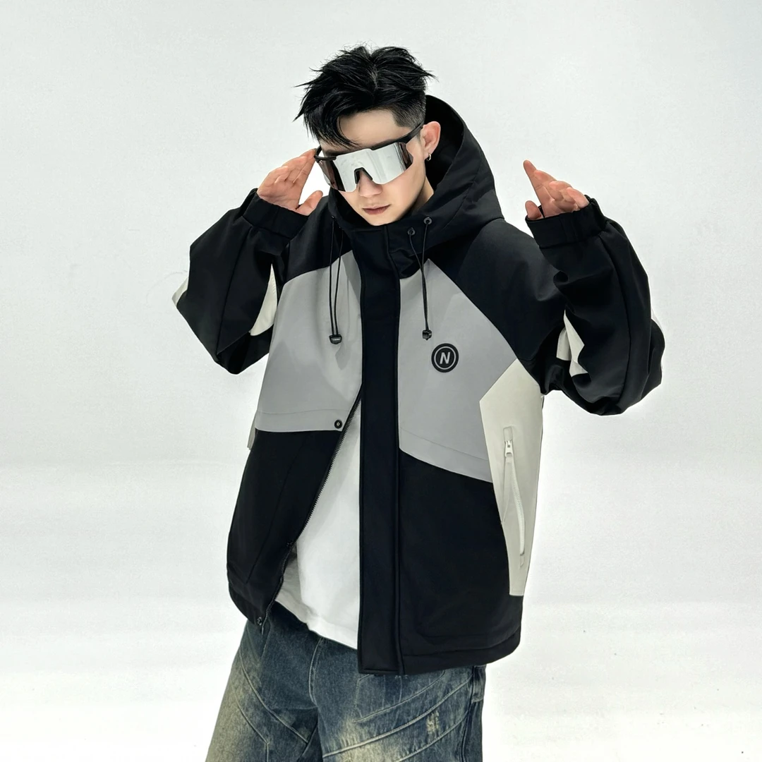 8837-秋冬运动户外冲锋衣加绒加厚百搭男士休闲宽松撞色拼接棉服