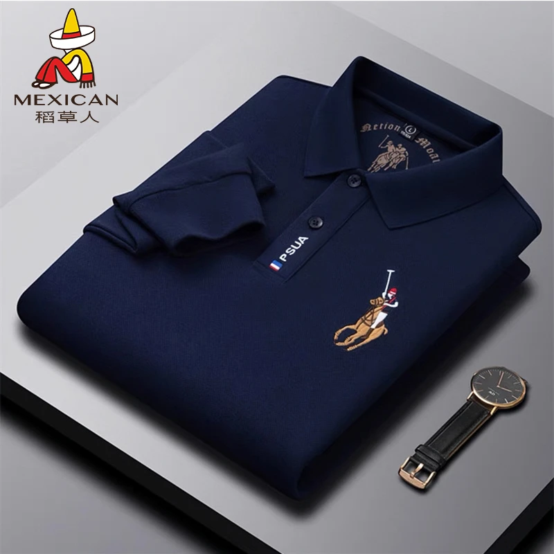 Mexican/稻草人高档polo衫男春秋长袖polo衫刺绣纯棉商务休闲男装