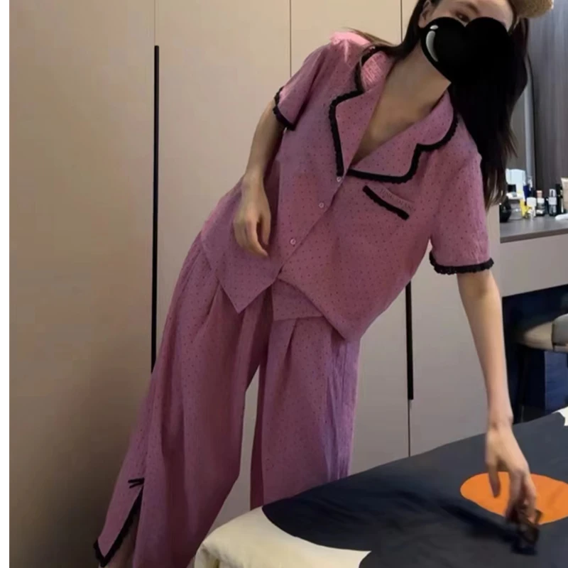 睡衣女套装夏季小香风气质薄款宽松休闲波点上衣裤子家居服两件套