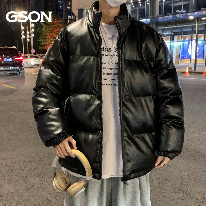 2024新款GSON立领棉服男士外套冬季加厚男款棉袄冬天PU皮棉衣冬装