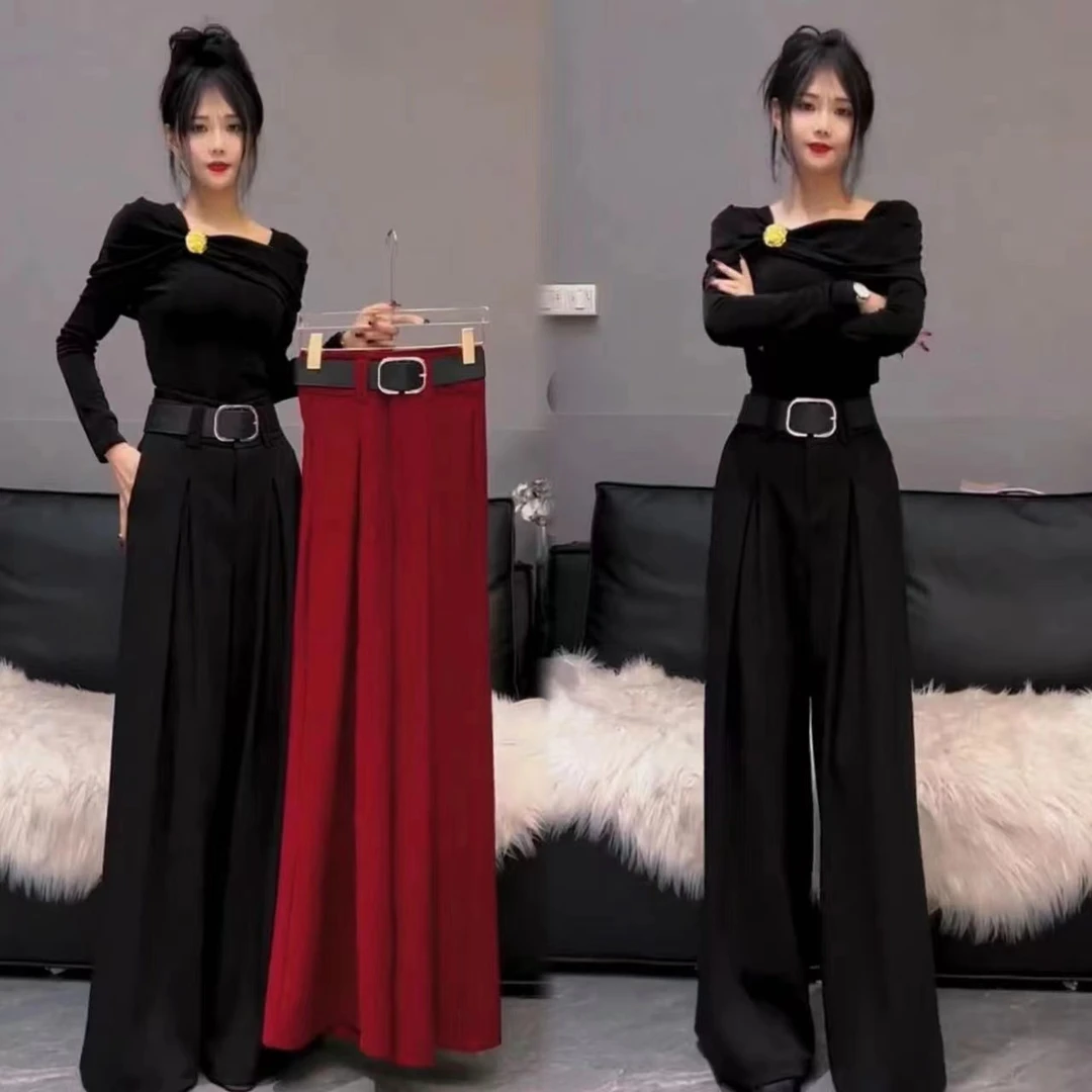 春夏秋季气质高腰腰带西装阔腿裤新款时尚遮肉显瘦长款拖地直筒裤