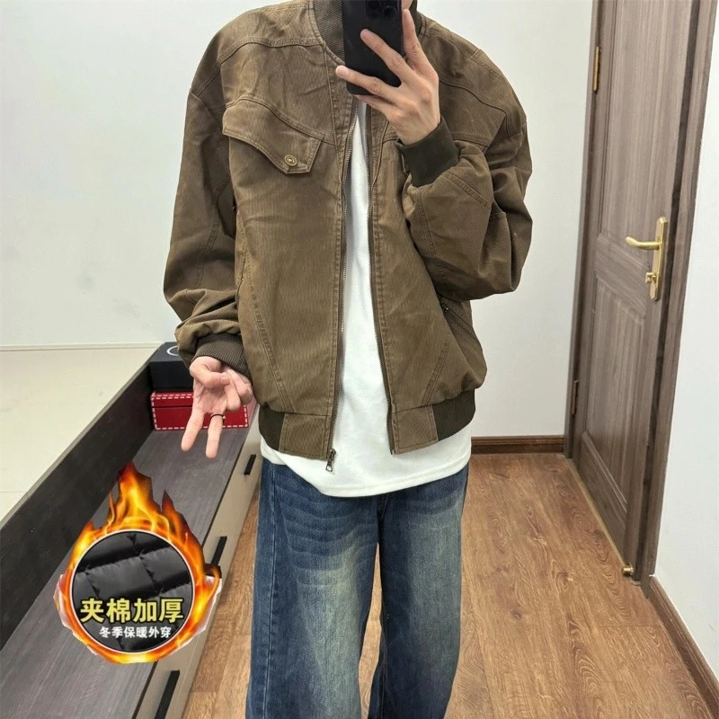 秋冬季夹棉加厚美式复古工装夹克男灯芯绒时尚硬汉风飞行员外套男