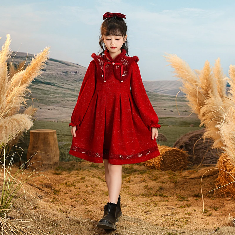 儿童2024新款冬装女童中国风新中式长袖连衣裙女孩加厚加绒公主裙