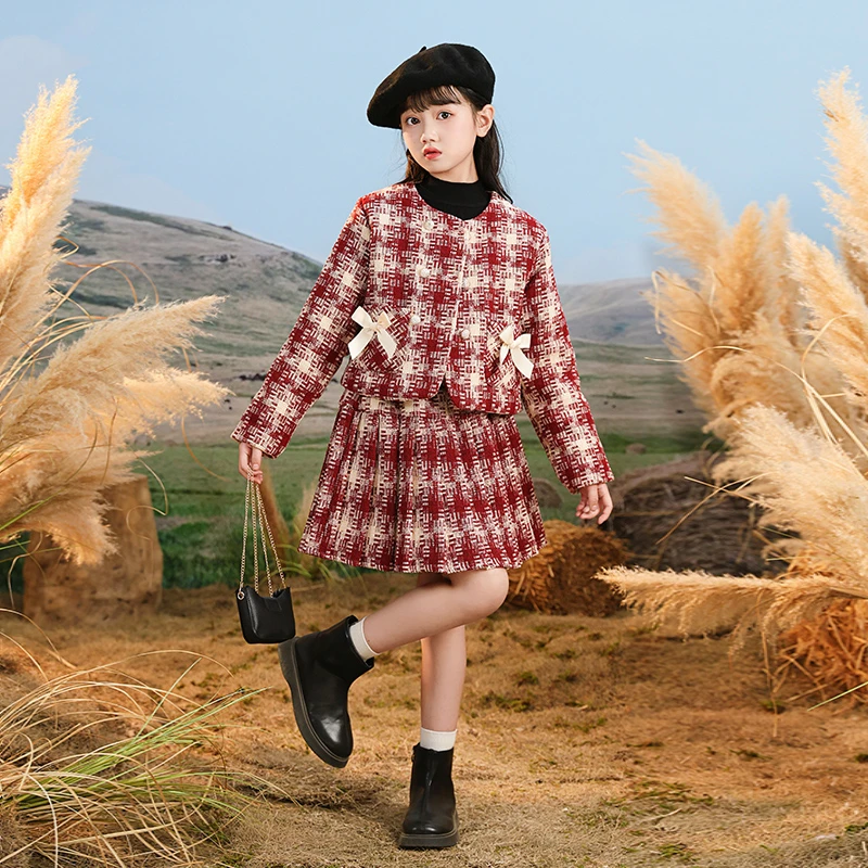 儿童2024新款冬装女童甜美轻奢公主小香风套装女孩夹棉格子两件套
