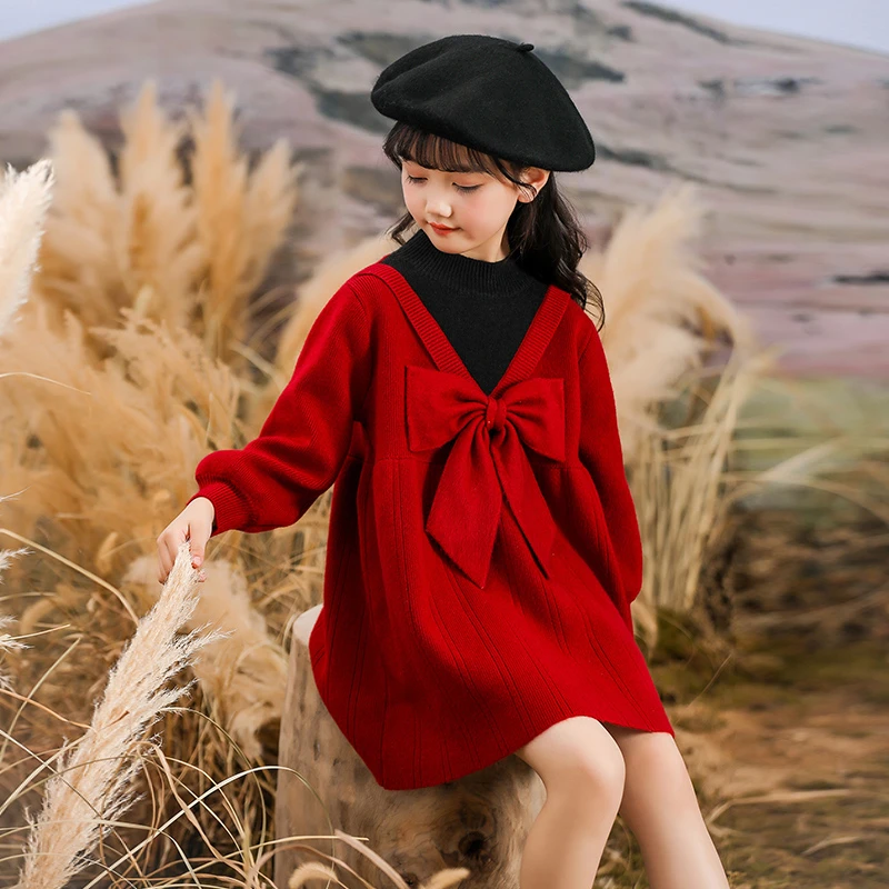 儿童2025新款冬装女童加厚甜美公主裙小女孩红色拜年服秋冬毛衣裙