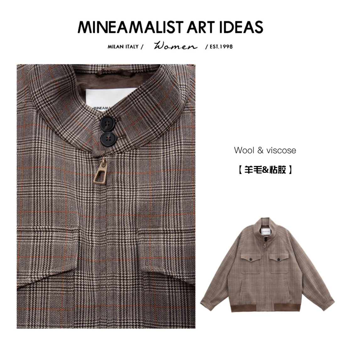 MINEAMALIST ART IDEAS秋冬格子斜肩立领双口袋拉链外套ZY1295