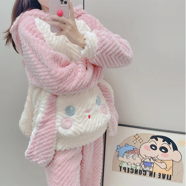 珊瑚绒睡衣女秋冬爆款2024新款可爱卡通连帽加厚加绒可外穿家居服