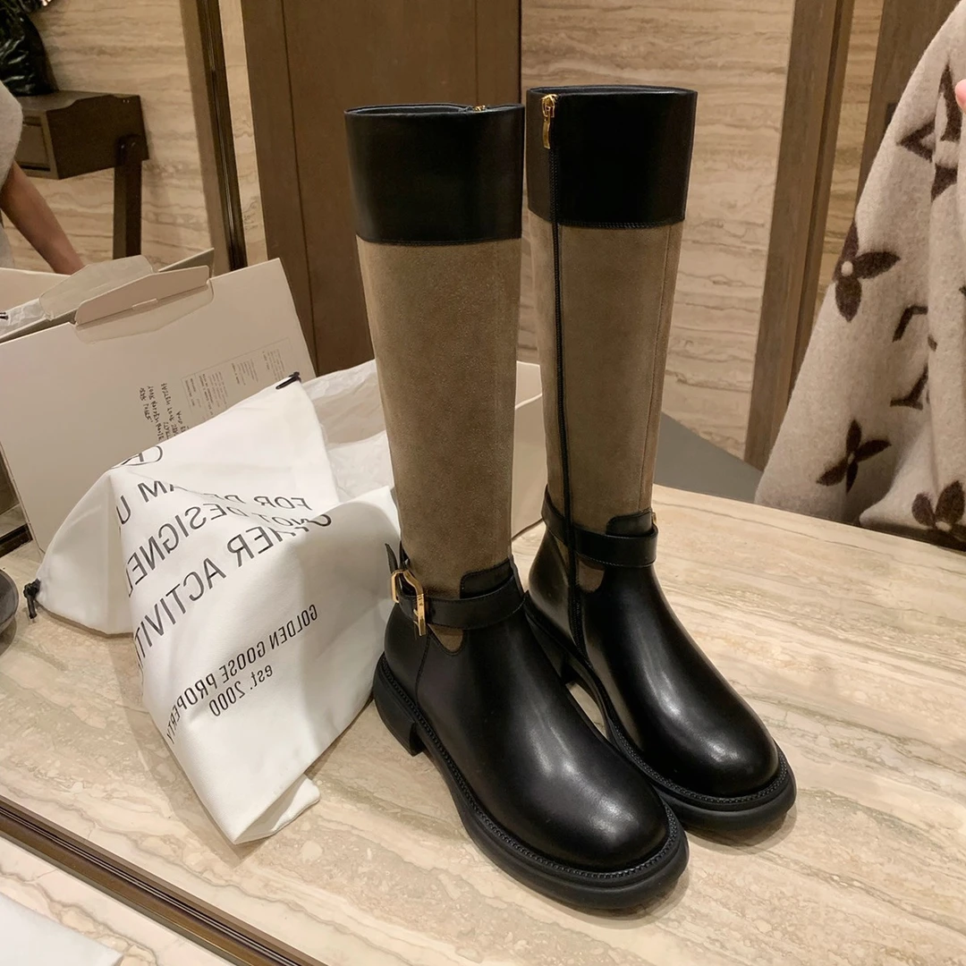 2024年秋季复古拼色时尚圆头粗跟英伦风中长筒瘦瘦骑士靴女秋冬