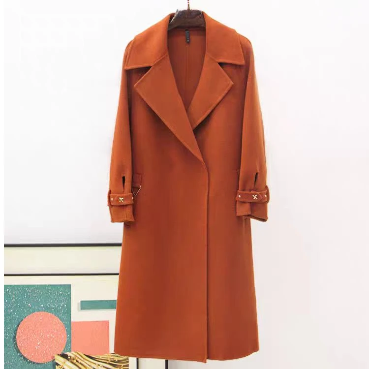 西装领无扣系带长款大衣外套S525