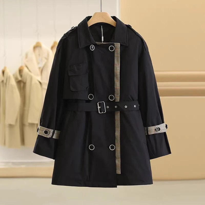 千鸟格纹拼接中长款风衣外套S486