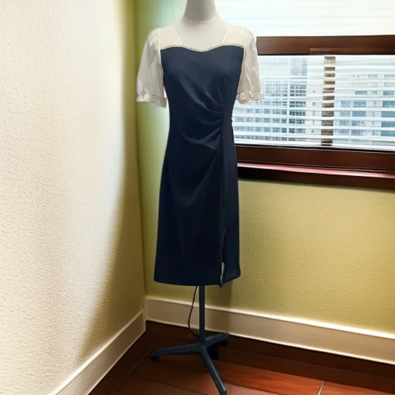 夏季新款法式拼接显瘦下摆开叉连衣裙q768