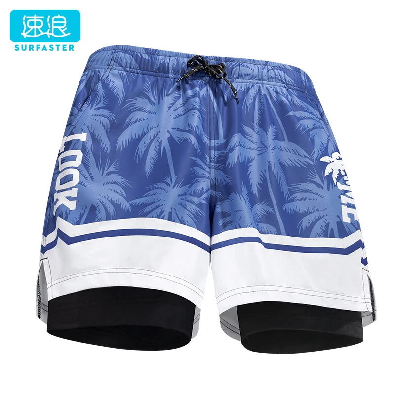 速浪男士双层泳裤（夏日椰林）运动健身短裤防尴尬速干温泉可下水