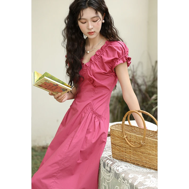 谜秀新品【玫瑰的故事】荃棉木耳边V领收腰连衣裙设计长裙气质复古