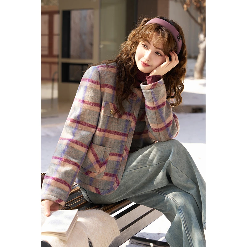 谜秀新品千金风毛呢春秋小香风外套女夹棉加厚上衣小个子短款百搭