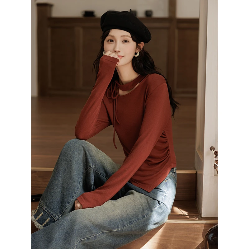 谜秀新品设计感T恤女2024秋季新款女装修身显瘦高级感上衣