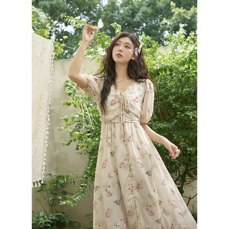 【年中大促】谜秀碎花连衣裙女夏高级感气质名媛v领泡泡袖显瘦长裙