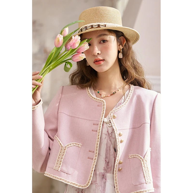 【年中大促】谜秀 甜杏粉春季洋气气质小香风短款女外套+连衣裙套装