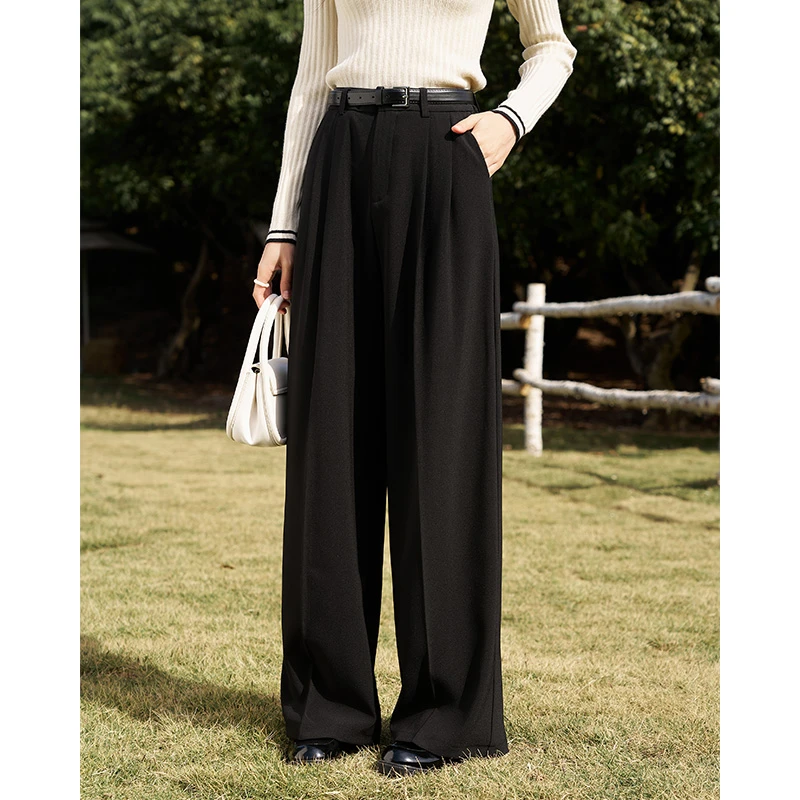 【年中大促】谜秀高腰显瘦压褶休闲通勤西装裤百搭长裤春秋时尚黑色