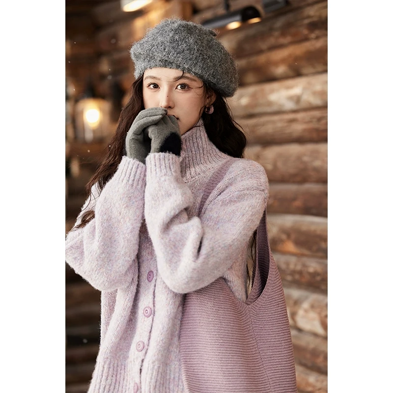 谜秀紫色翻领毛衣外套女秋冬2024高级感慵懒松弛感上衣针织百搭