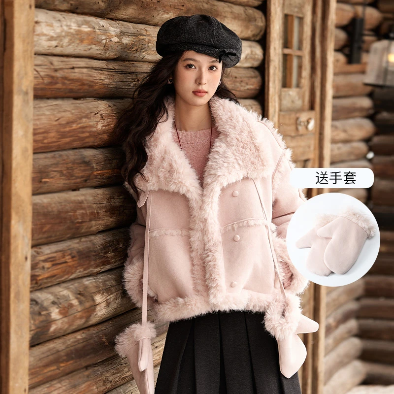 谜秀高级感超好看皮毛一体短外套加厚棉衣2024冬季时尚毛呢毛绒