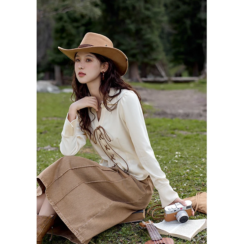 谜秀新品韩版长袖衬衫女2024秋别致设计感小众抽绳上衣