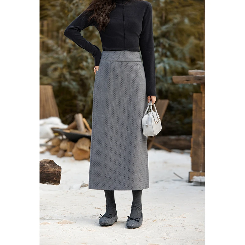谜秀高腰显瘦复古波点半身裙女开叉直筒呢子包臀裙气质