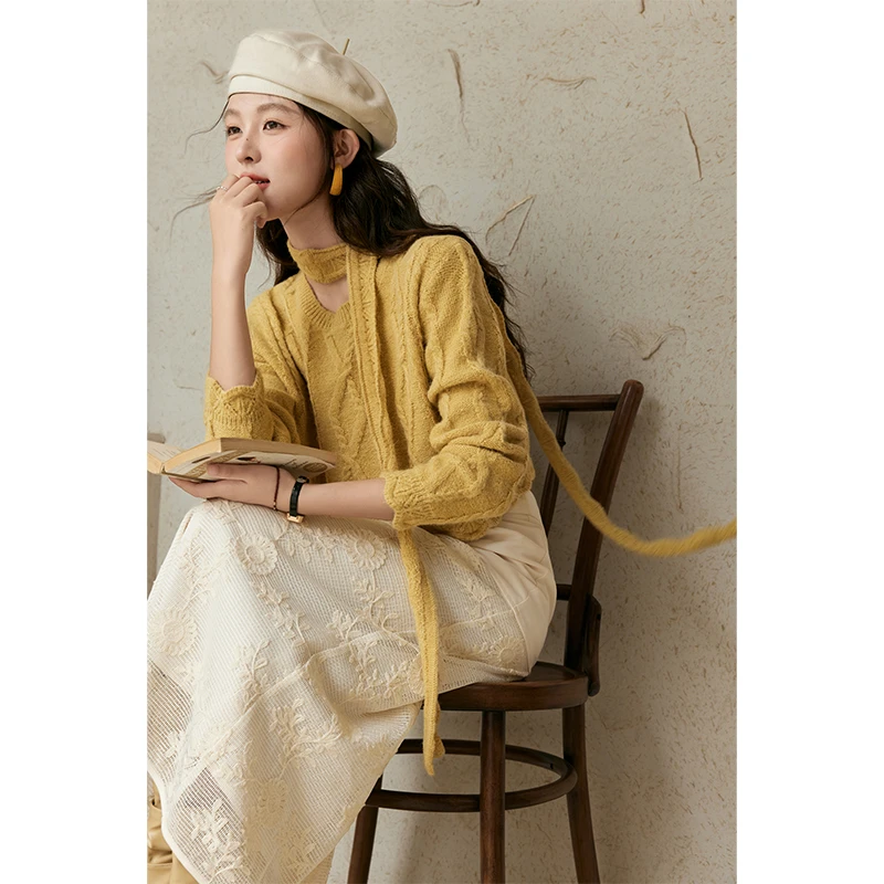 【年末大促】谜秀新法式浪漫蕾丝波浪花边V领针织开衫年秋装配腰带