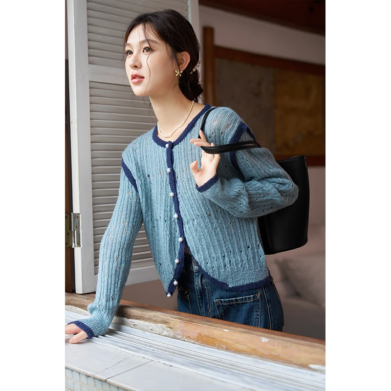 【年末大促】针织毛衣开衫圆领设计感时尚气质复古小香风拼色短外套