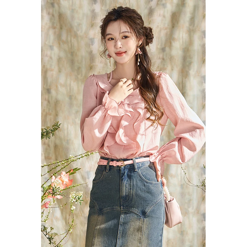 【年中大促】宽松小衫上衣气质长袖季法式甜美荷叶边设计感夏季复古