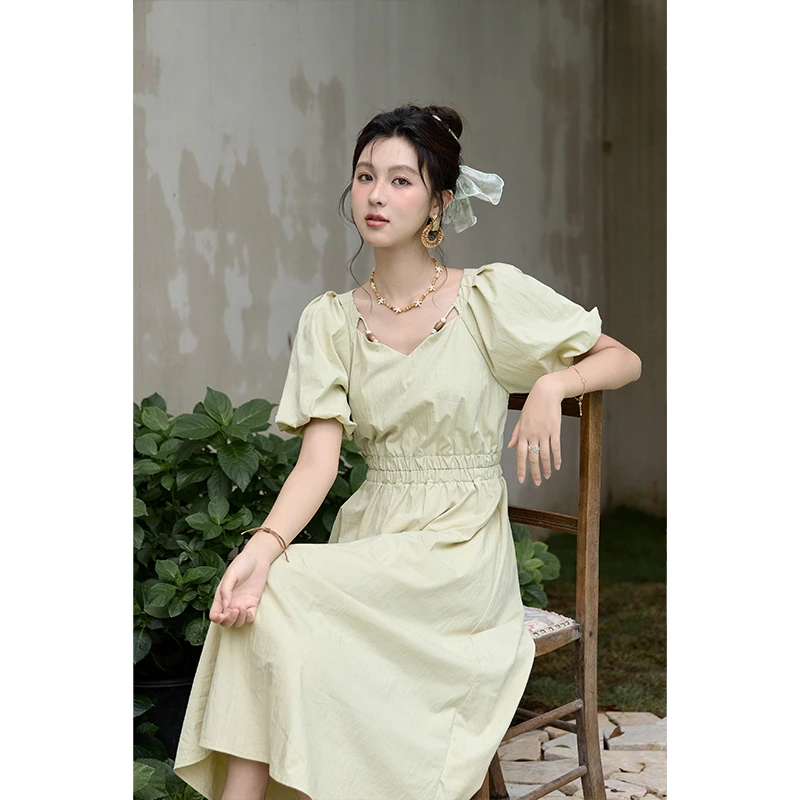 【年中大促】谜秀夏季百搭海鸟与诗~法式V领泡泡袖连衣裙女夏收腰