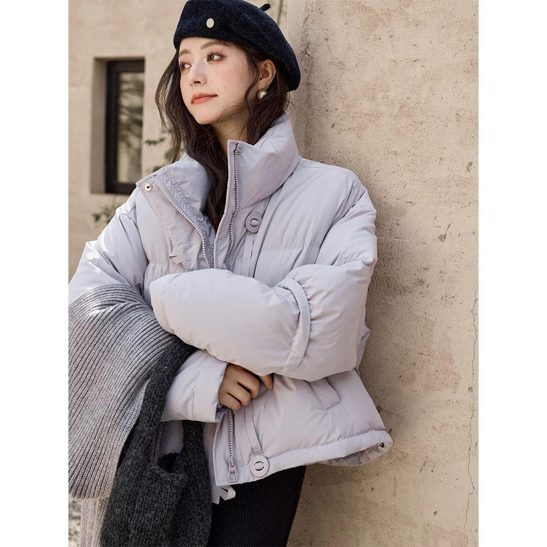 谜秀新品橘色针织帽短羽绒服女2024宽松韩版小个子白鸭绒外套时尚