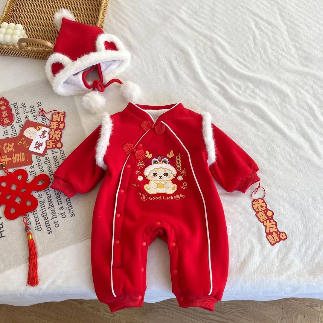 新生婴儿衣服秋冬季加绒国潮风喜庆拜年服连体衣宝宝周岁百天礼服