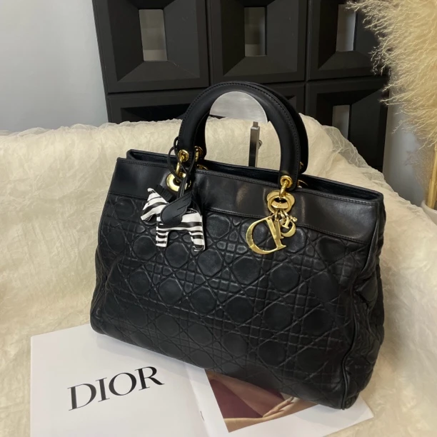 95新 DIOR/迪奥 黑金戴妃菱格手提托特包