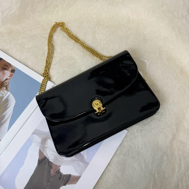 95新 DIOR/迪奥 黑金漆皮麦穗链条包