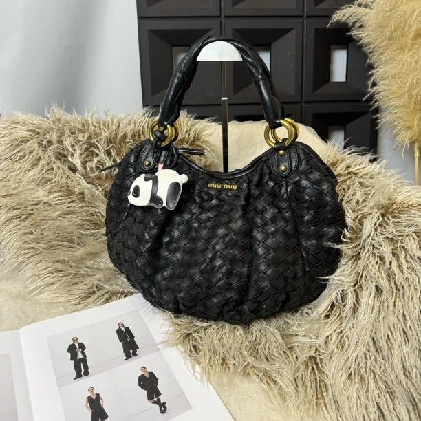 95新 MIU MIU/缪缪 编织黑金豌豆单肩包
