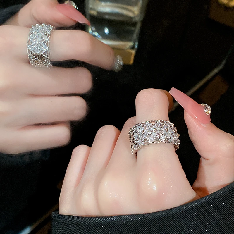 铜合金戒指 轻奢高级感满天星雪花开口食指戒设计感合金锆石女款