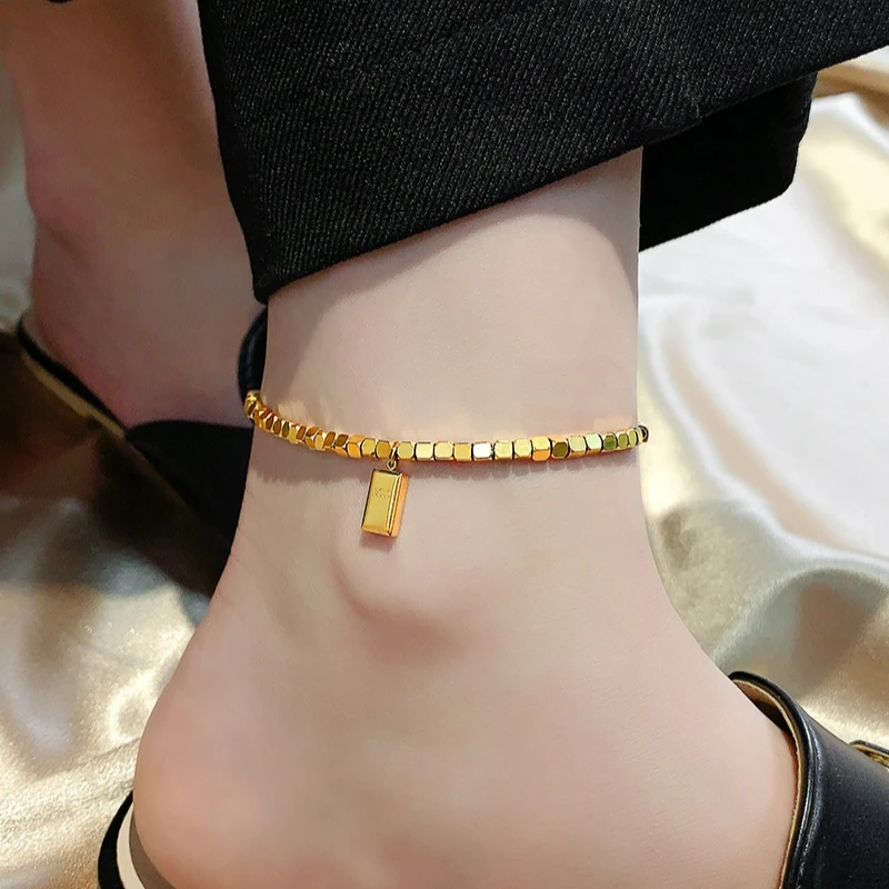 钛钢脚链 金色高级感小众轻奢小方块百搭脚链女性感时尚气质足链